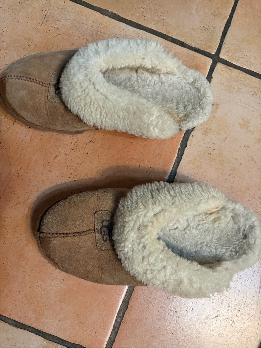 UGG Tan Suede Shearling-Trim Slip-On Slippers
